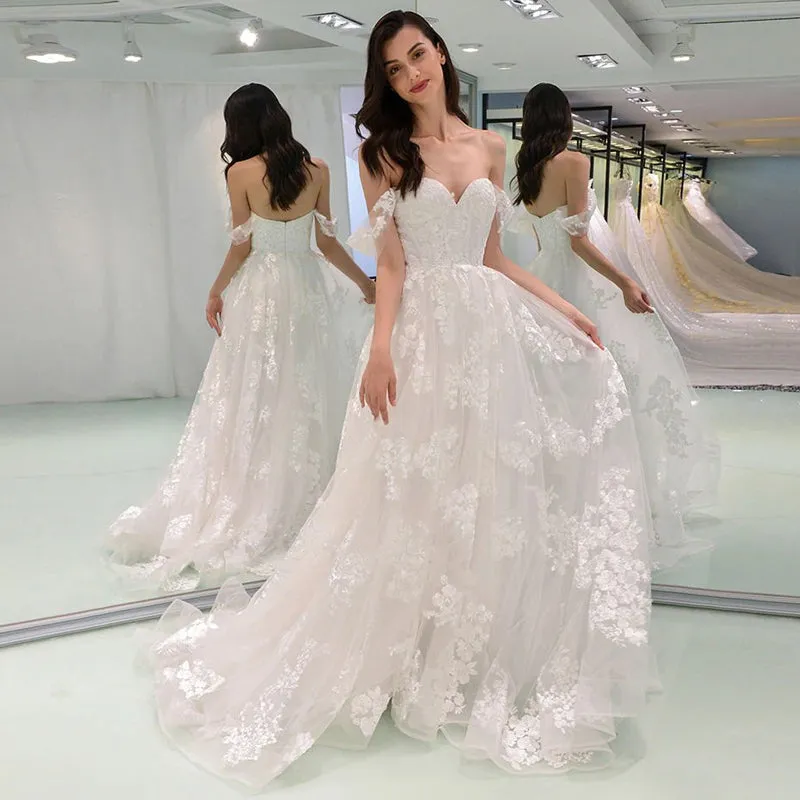 Sexy Off-shoulder Sweetheart Full Appliques Long A-line Wedding Dress, WD3048