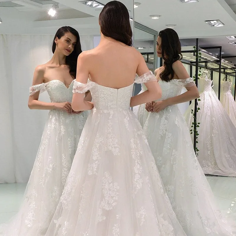 Sexy Off-shoulder Sweetheart Full Appliques Long A-line Wedding Dress, WD3048