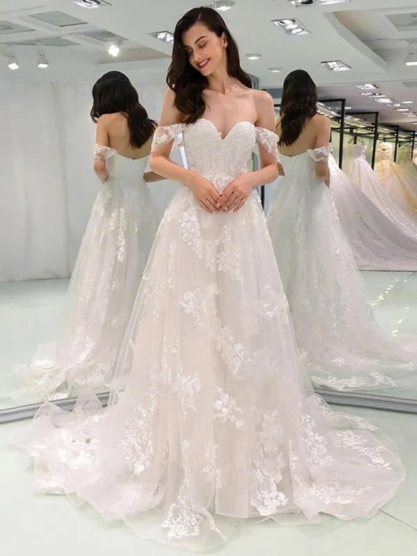 Sexy Off-shoulder Sweetheart Full Appliques Long A-line Wedding Dress, WD3048