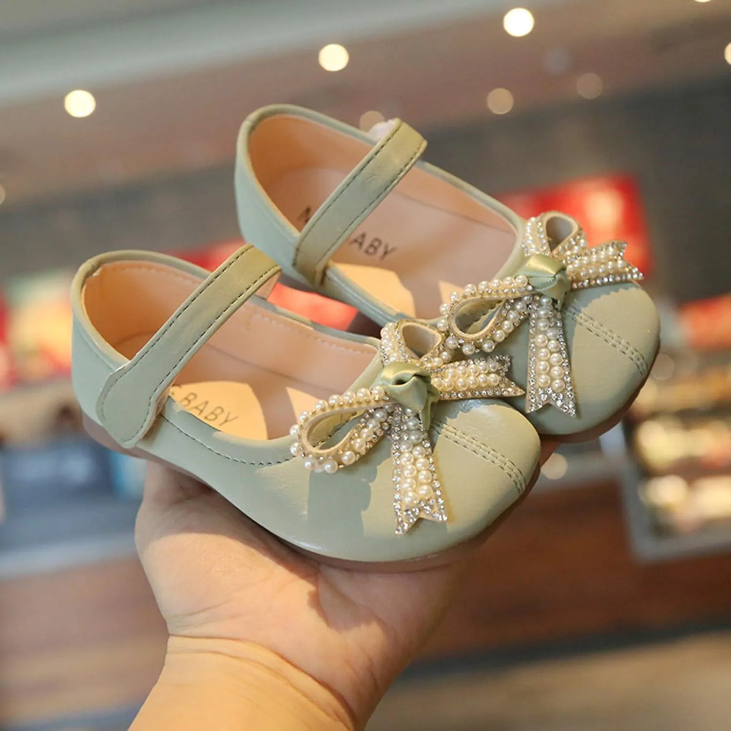 Toddler Little Girl Shoes Mary Jane Flat Shoes Bowknot Ballet lats Shoes for Party School Wedding (Green, 6-7Years Little Kid)