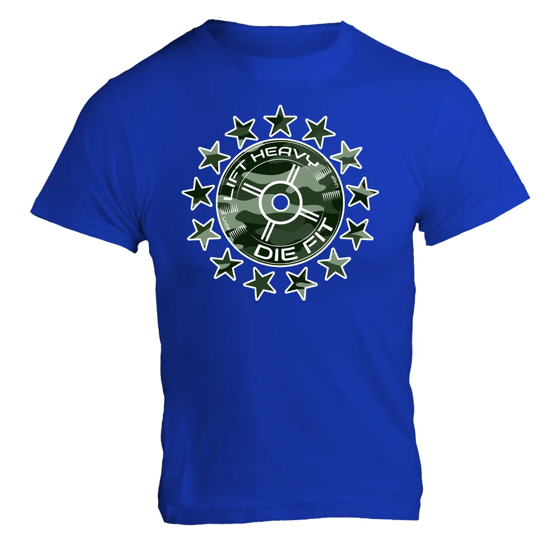 Unchain Your Strength with our Camo 45lb Plate and Stars Unisex Shirt - The Ultimate Fitness Apparel for Gym-Goers and Athletes