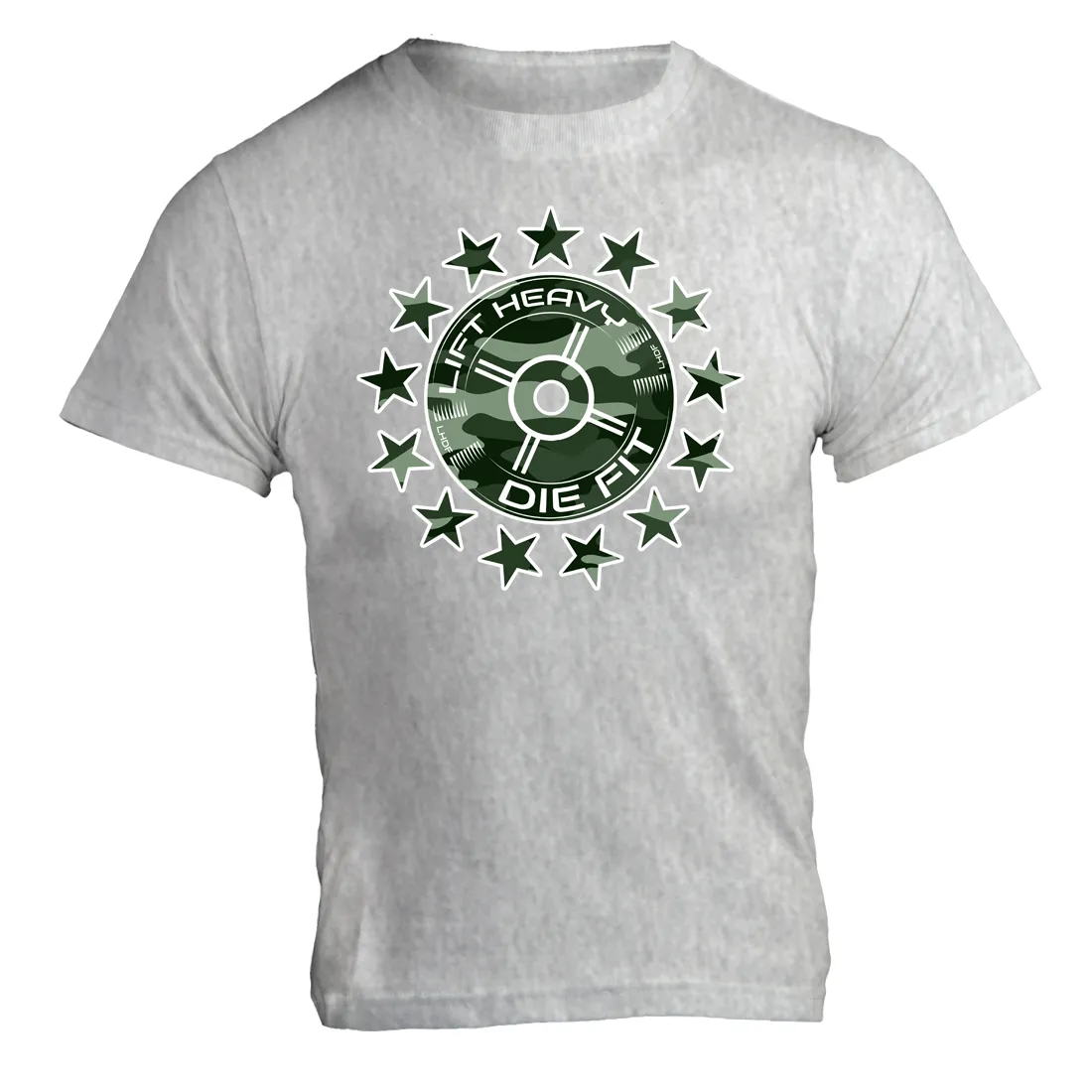Unchain Your Strength with our Camo 45lb Plate and Stars Unisex Shirt - The Ultimate Fitness Apparel for Gym-Goers and Athletes