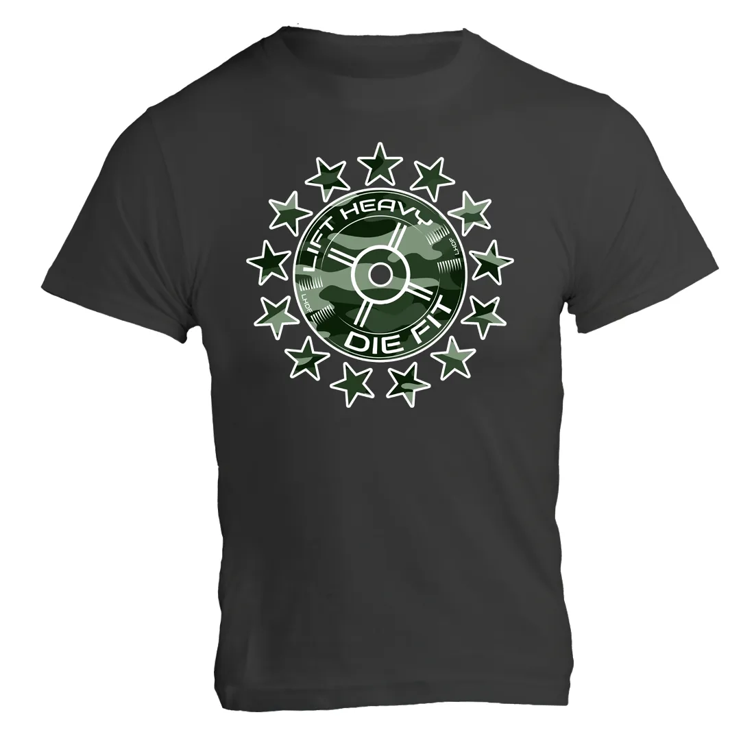 Unchain Your Strength with our Camo 45lb Plate and Stars Unisex Shirt - The Ultimate Fitness Apparel for Gym-Goers and Athletes
