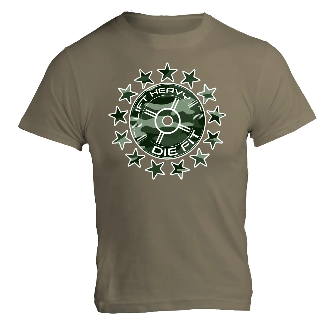 Unchain Your Strength with our Camo 45lb Plate and Stars Unisex Shirt - The Ultimate Fitness Apparel for Gym-Goers and Athletes
