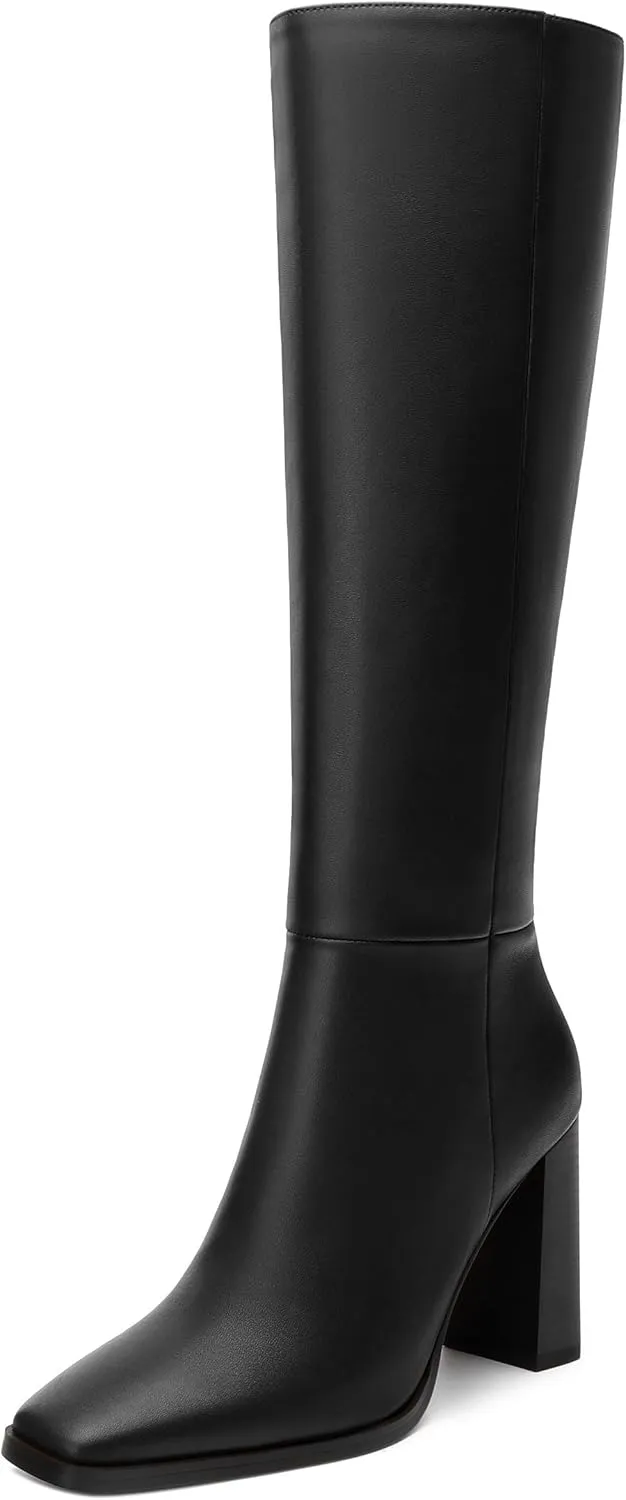 Womens Knee High Boots, Square Toe High Chunky Heel Knee High Boots for Women Zipper 3.5"