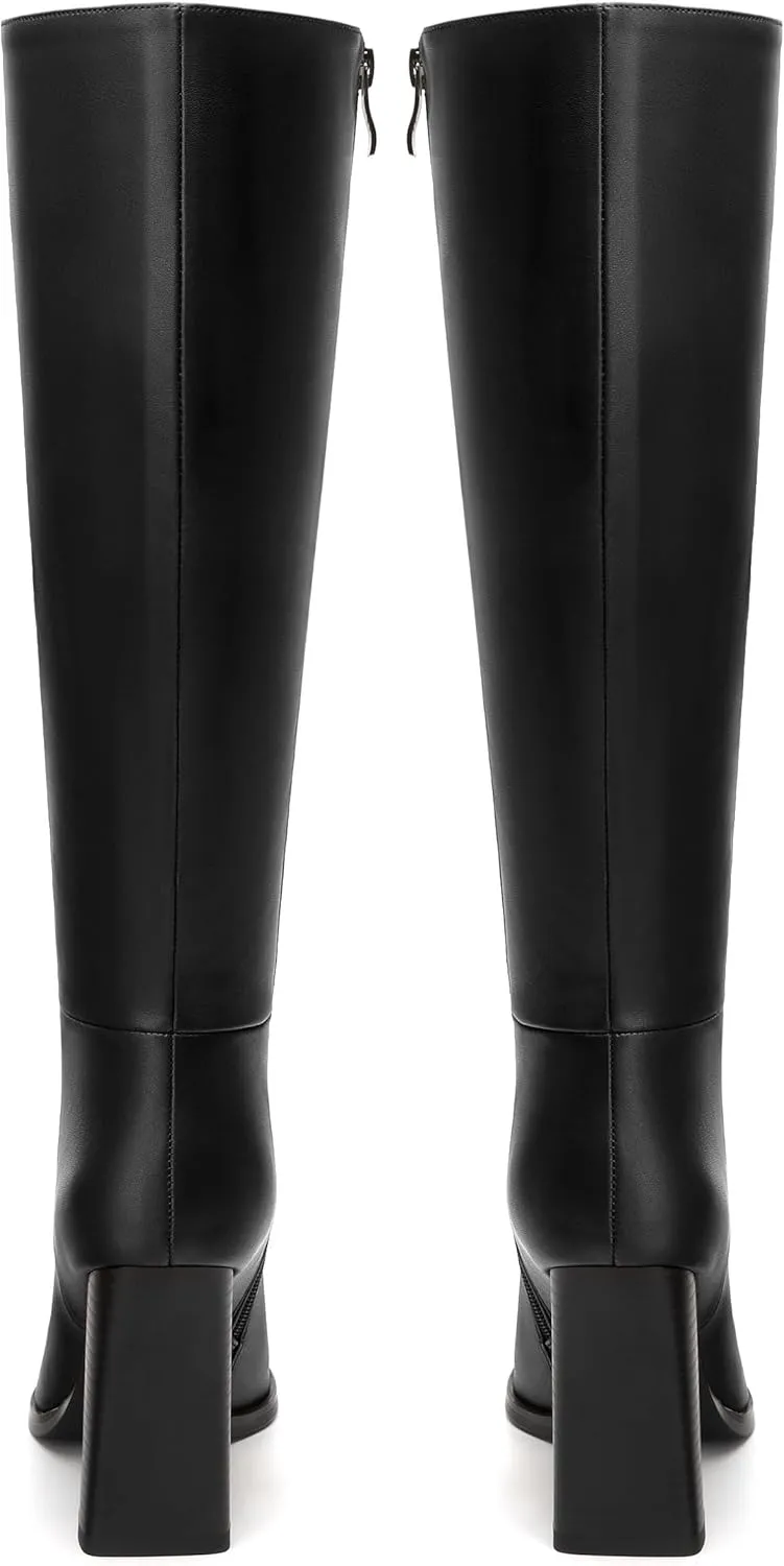 Womens Knee High Boots, Square Toe High Chunky Heel Knee High Boots for Women Zipper 3.5"