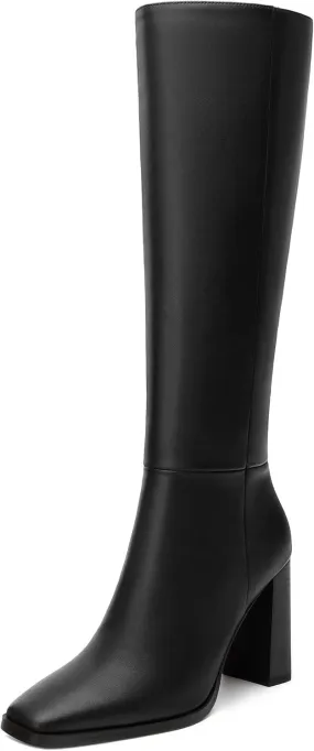 Womens Knee High Boots, Square Toe High Chunky Heel Knee High Boots for Women Zipper 3.5"