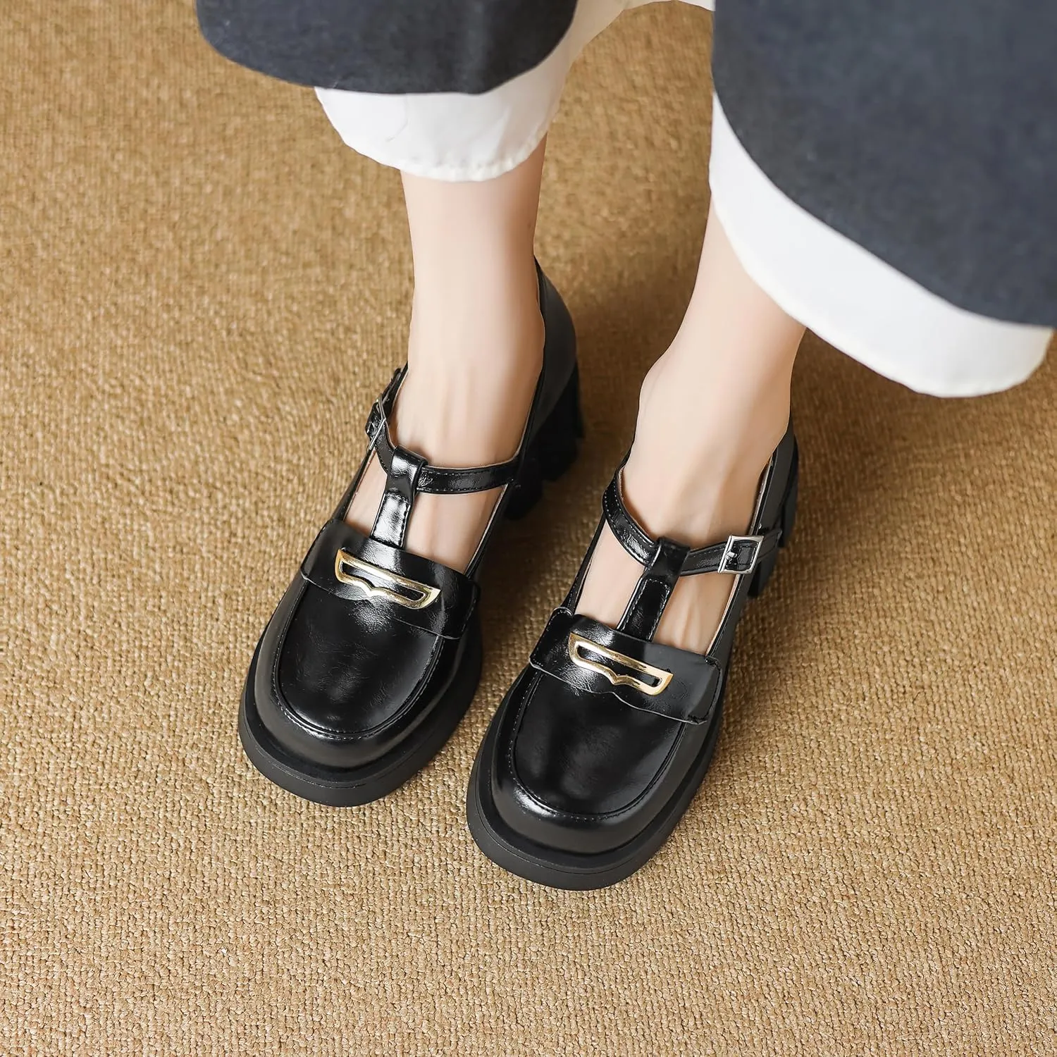 Women’s Mary Jane Shoes Trendy Chunky Heel Platform Uniform Dress Shoes Loafer Block Heel Stylish Mary Janes