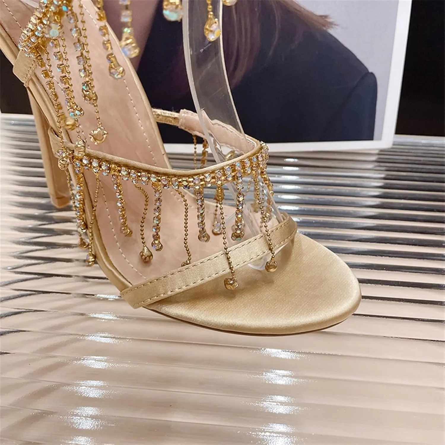 Women's Stiletto High Heel Rhinestone Spiral Ankle Wrap High Heel Sandals Wedding Evening Dress Dance Shoes