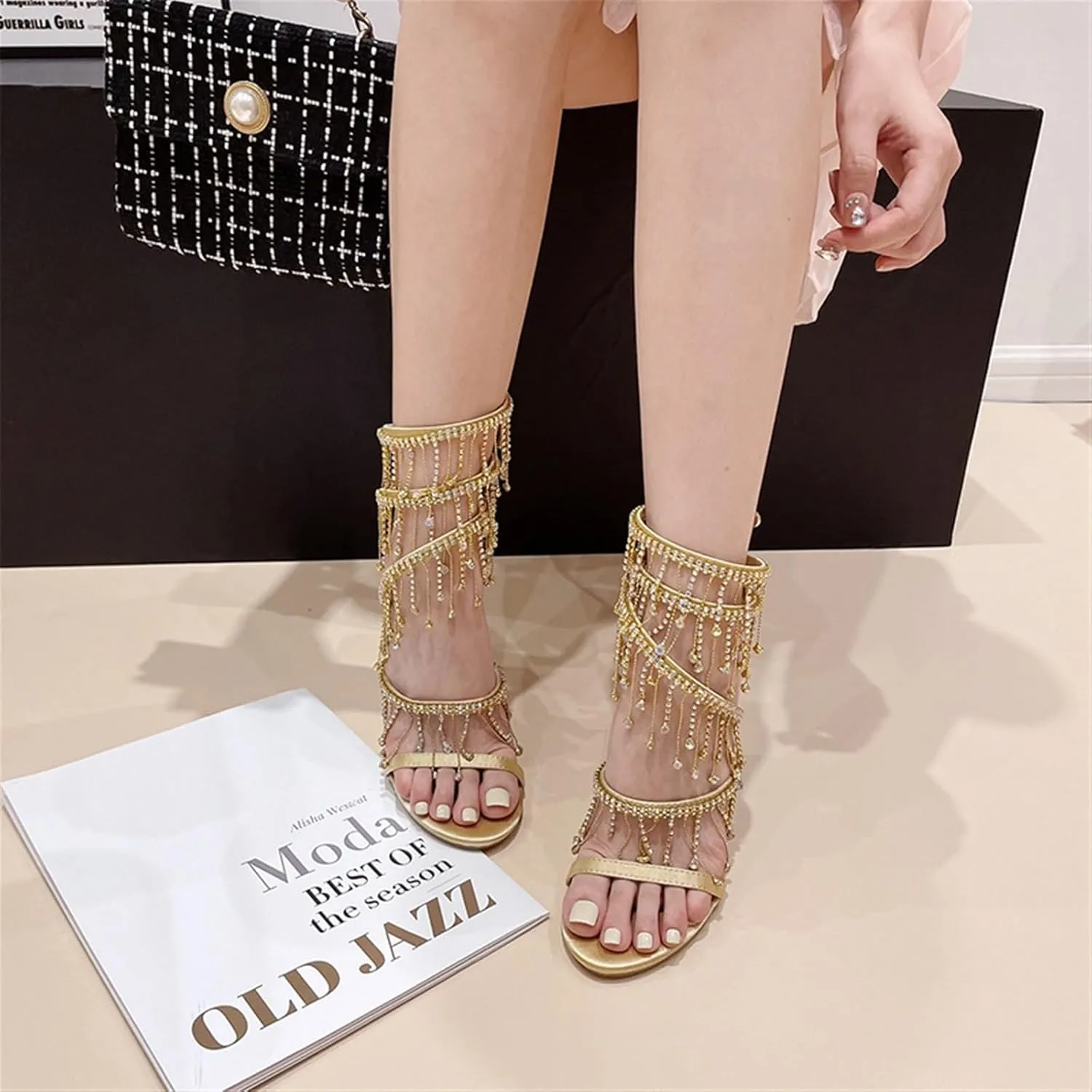Women's Stiletto High Heel Rhinestone Spiral Ankle Wrap High Heel Sandals Wedding Evening Dress Dance Shoes
