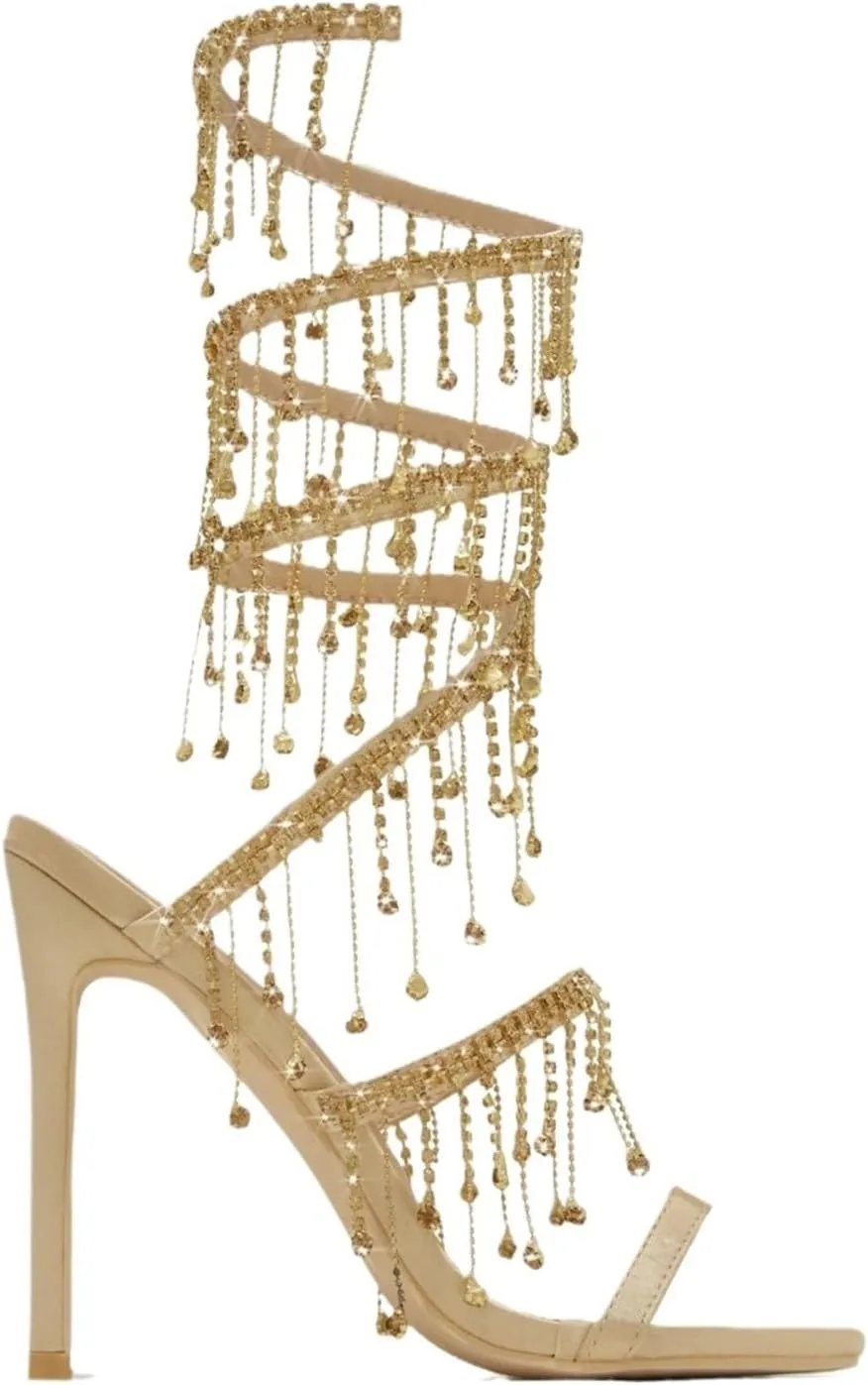 Women's Stiletto High Heel Rhinestone Spiral Ankle Wrap High Heel Sandals Wedding Evening Dress Dance Shoes