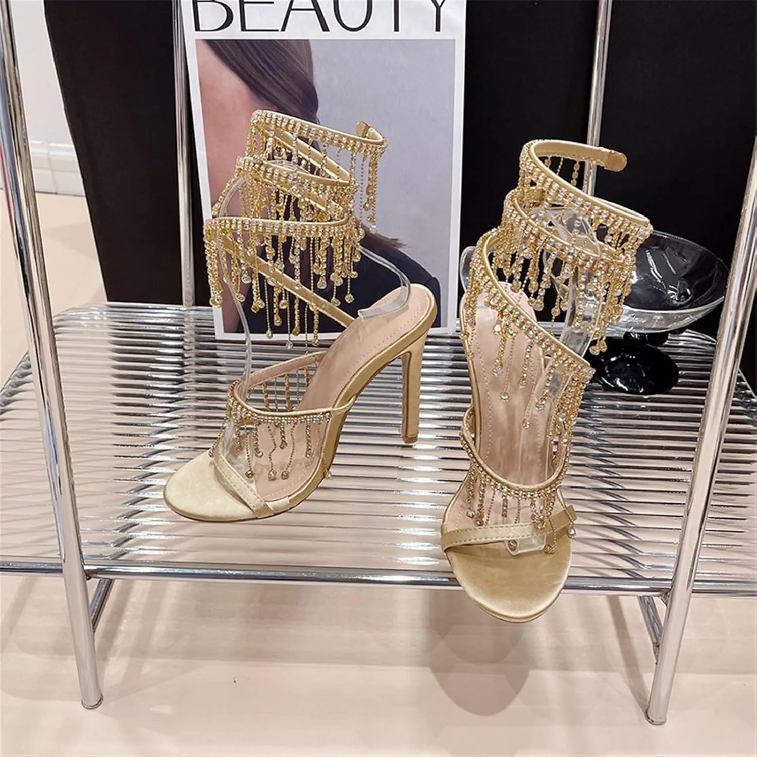 Women's Stiletto High Heel Rhinestone Spiral Ankle Wrap High Heel Sandals Wedding Evening Dress Dance Shoes